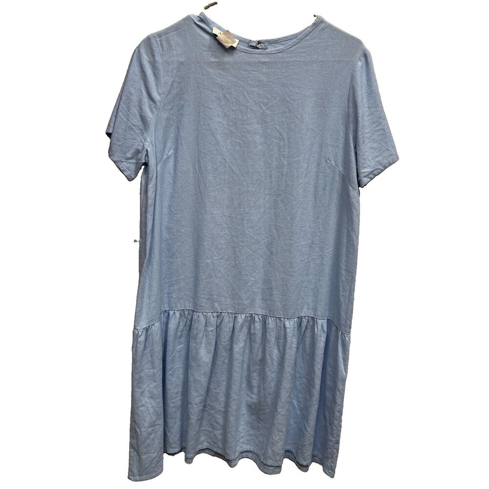 Aura Baby Blue Drop Waist Ruffle Tunic Dress M Keyhole Button Short Sleeve Linen